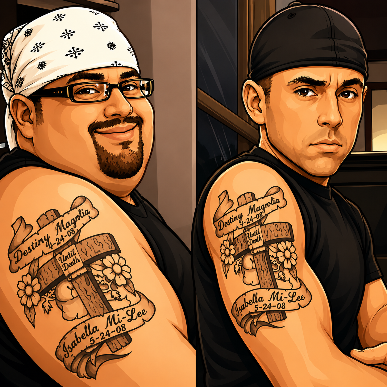 A side-by-side illustrated comparison of two men's upper bodies, each showing a custom tattoo design on the arm. The left design features a wooden cross with flowers and banners reading 'Destiny Magda' and 'Isabella Mi-Lee'; the right design is a similar cross-and-floral tattoo on another man.
