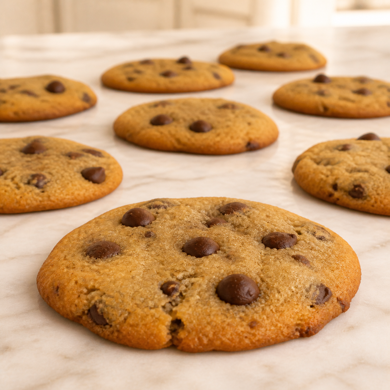 A close-up of a freshly baked chocolate chip cookie on a light marble surface, with several more cookies arranged in the background.