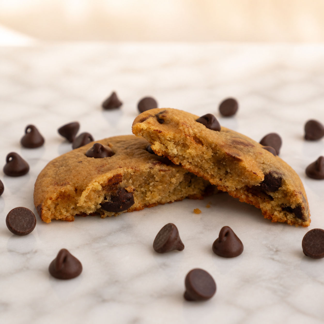 A close-up of a chocolate chip cookie broken in half on a light marble surface, with scattered chocolate chips around it.