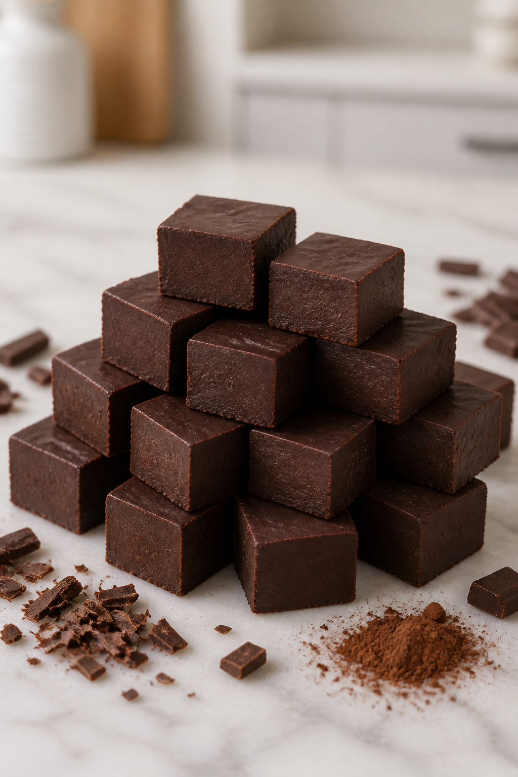 A pyramid stack of chocolate fudge on a light marble surface, with scattered chocolate pieces and a small pile of cocoa powder around them.