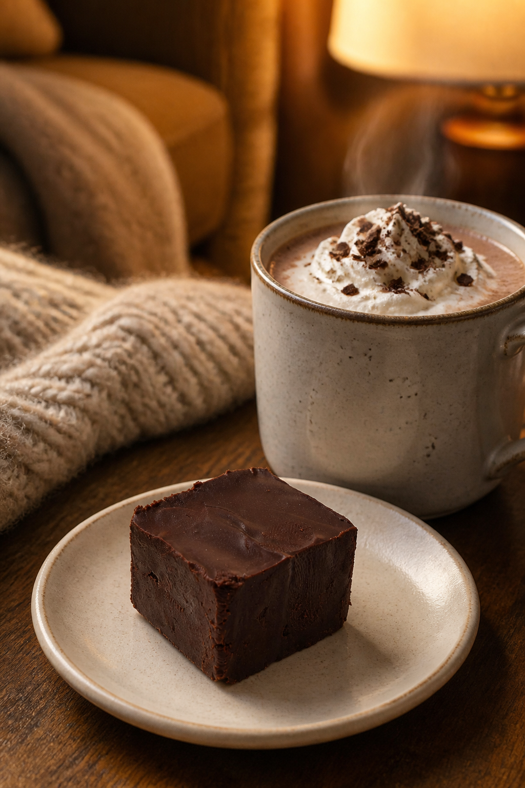 A warm cozy scene with a ceramic mug filled with whipped cream and cocoa drink topped with chocolate, alongside a single chocolate fudge on a small plate in the foreground. A knitted blanket and a lamp are softly blurred in the background.