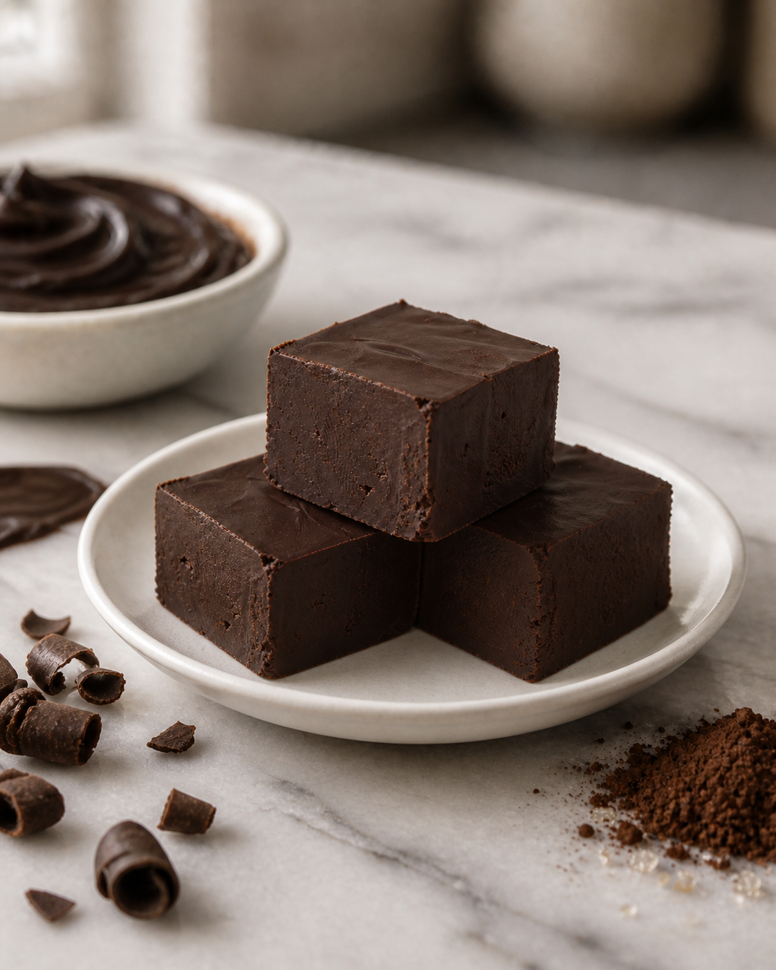 Three chocolate-fudge style squares stacked on a small white plate, with a bowl of chocolate sauce and cocoa powder scattered on a marble surface in a softly lit kitchen setting.