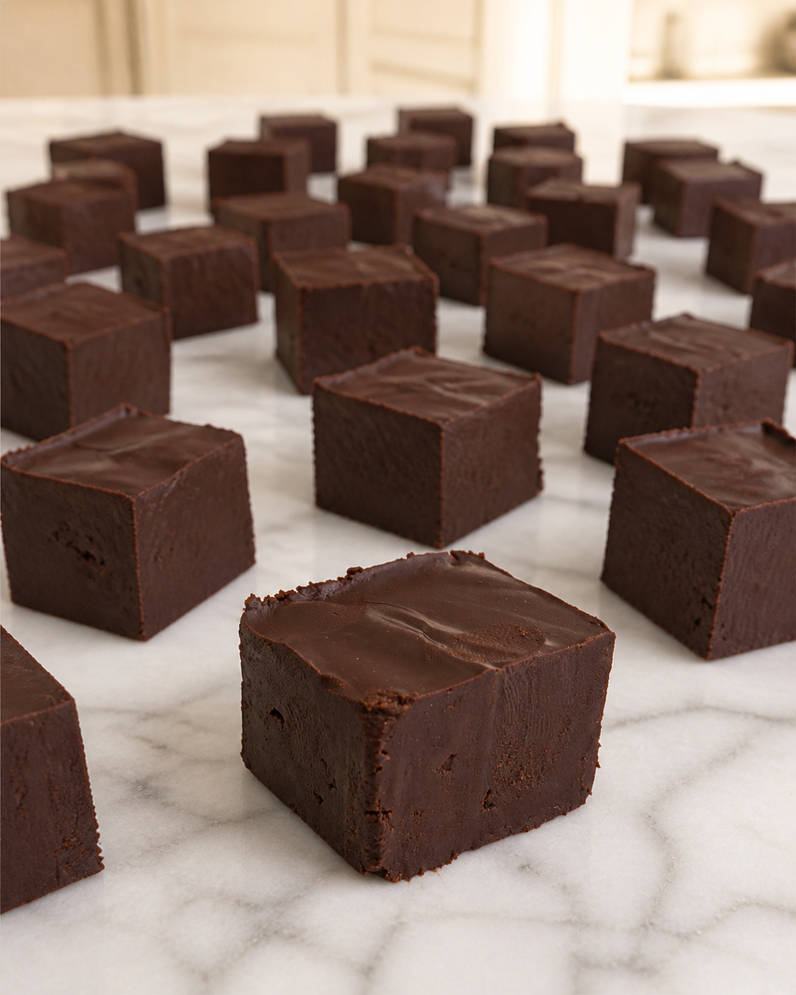 Several dark brown chocolate fudge squares arranged on a white marble surface in a kitchen setting.