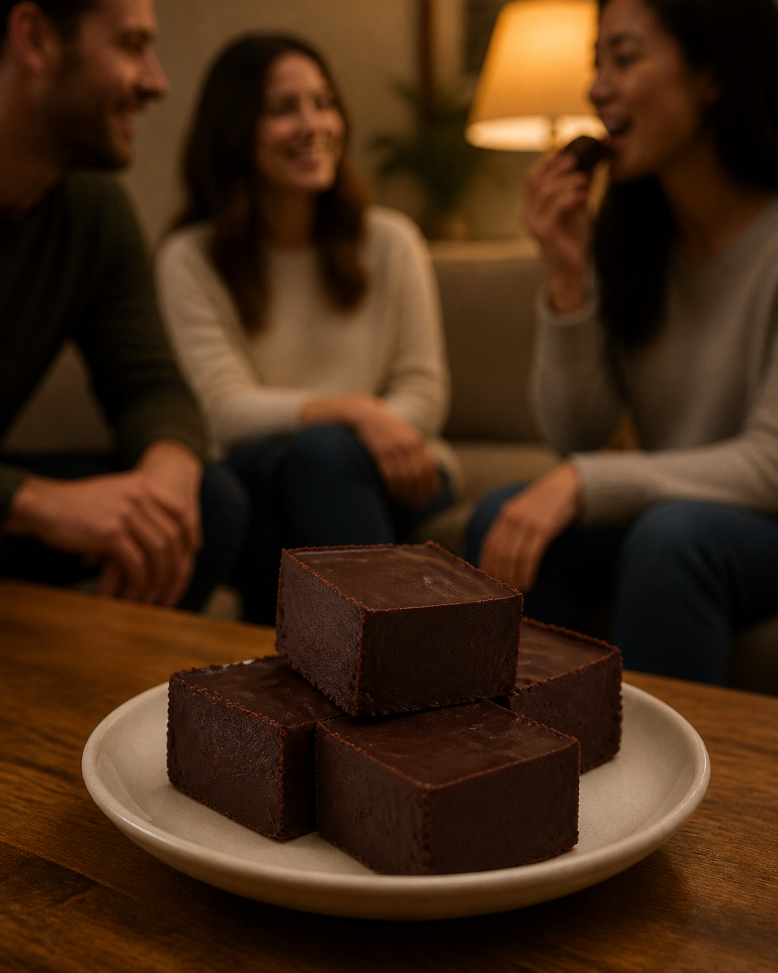 Four chocolate fudge stacked on a white plate on a wooden table, with three people sitting in the background in a cozy, warmly lit living room setting.