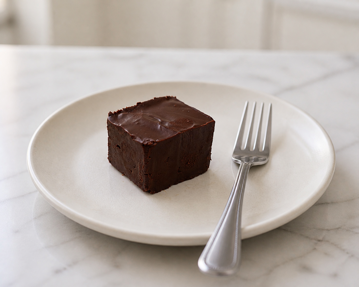 A square chocolate fudge sits on a round off-white ceramic plate next to a silver metal fork, set on a light marble surface.