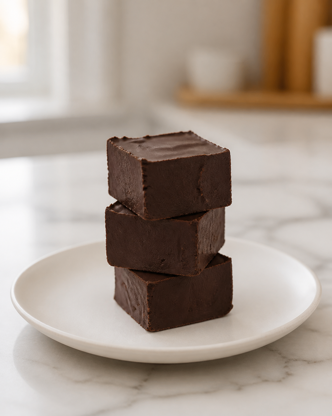 Three stacked chocolate fudge on a white plate, set on a light marble countertop with a softly blurred kitchen background.