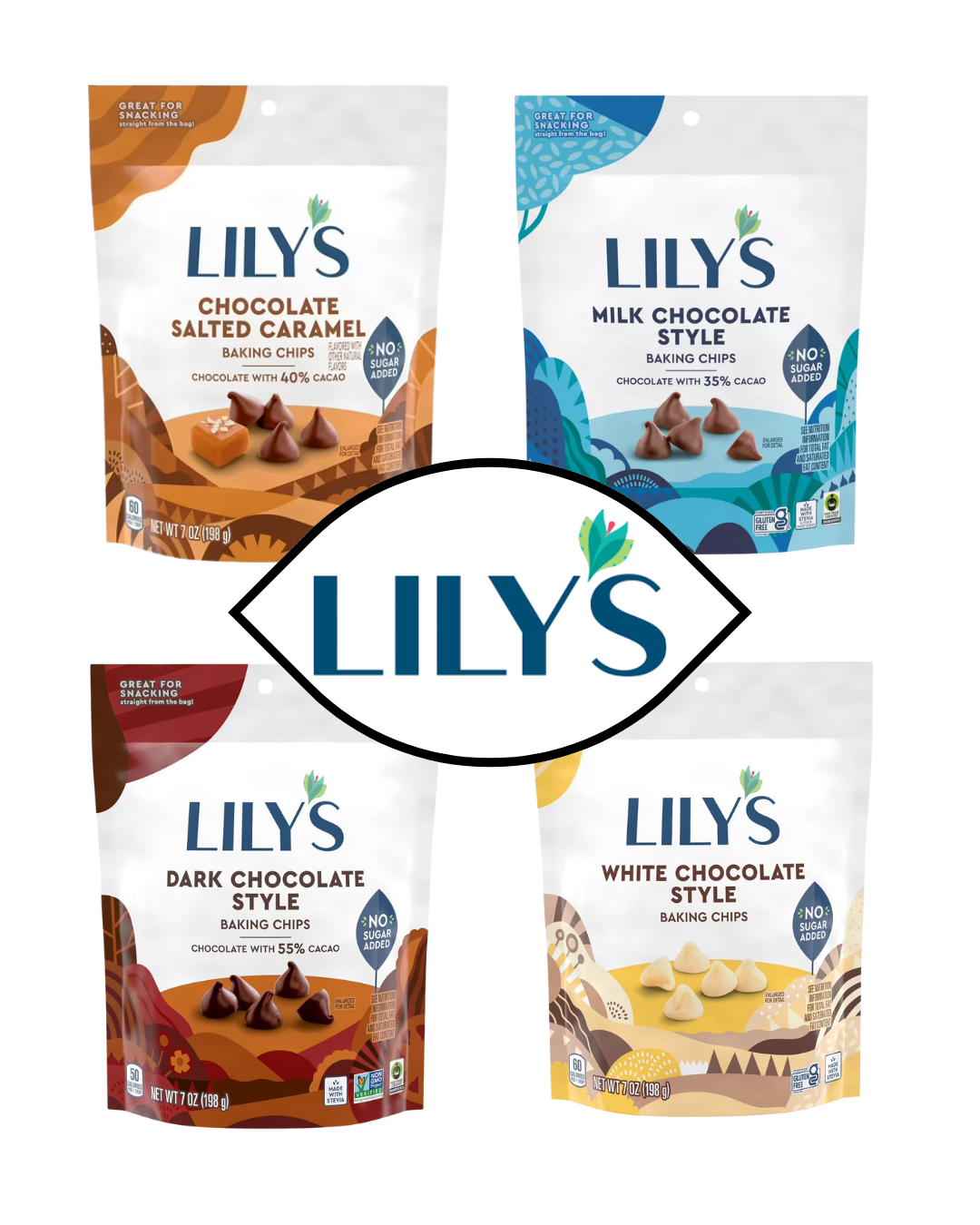 Four packages of Lily's baking chips with the brand logo in the center.