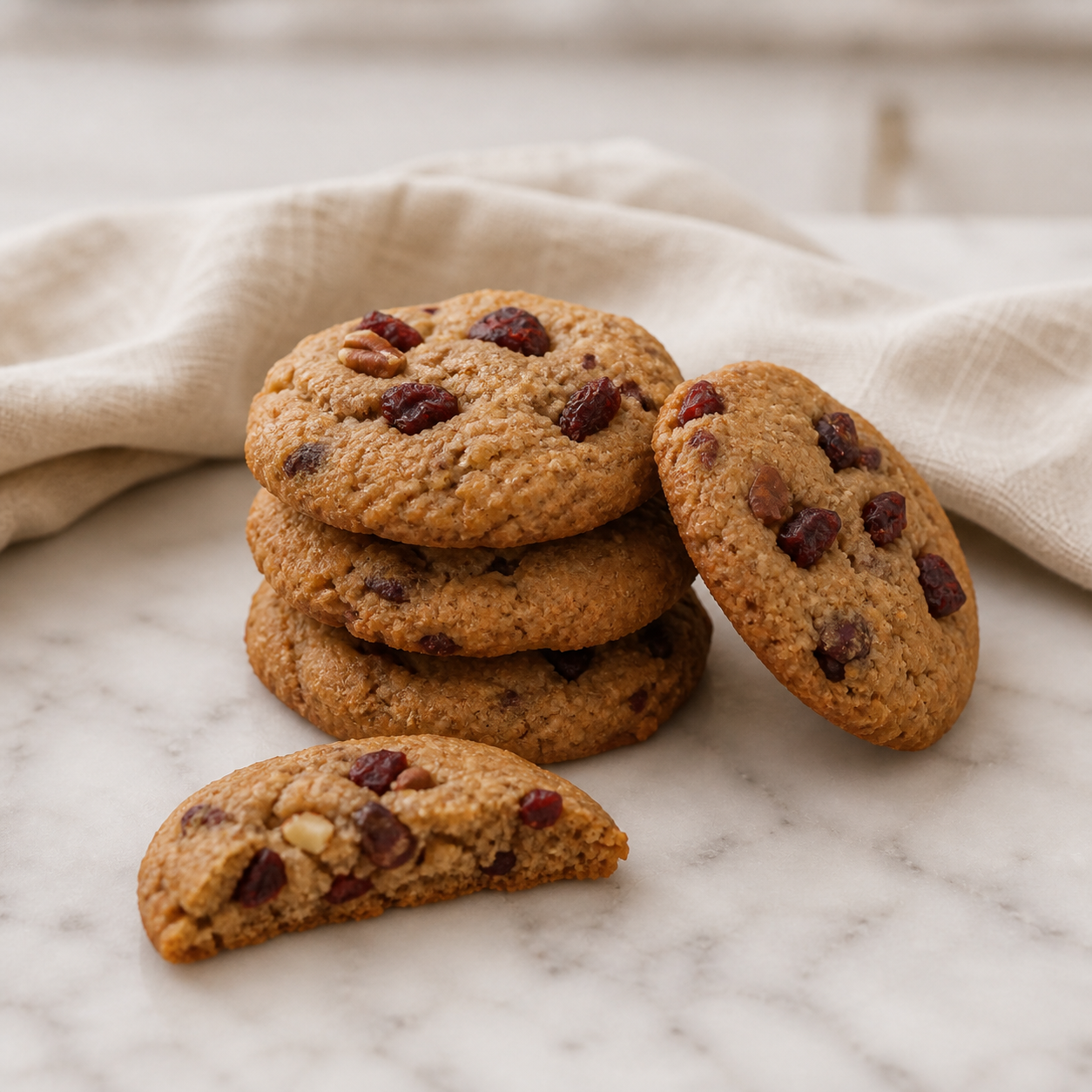 Four oatmeal cookies with cranberries are arranged on a white marble surface with a beige linen cloth in the background. One cookie in the foreground is broken in half to show the interior texture.