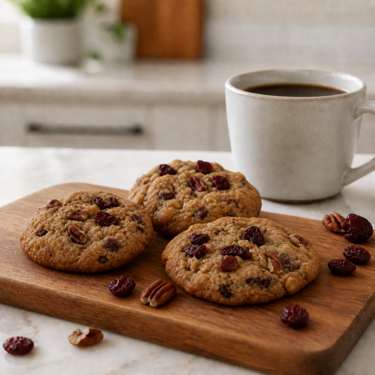 low carb oatmeal cranberry cookies on a wooden board with a cup of coffee on a white marble counter with the kitchen blurred in the background