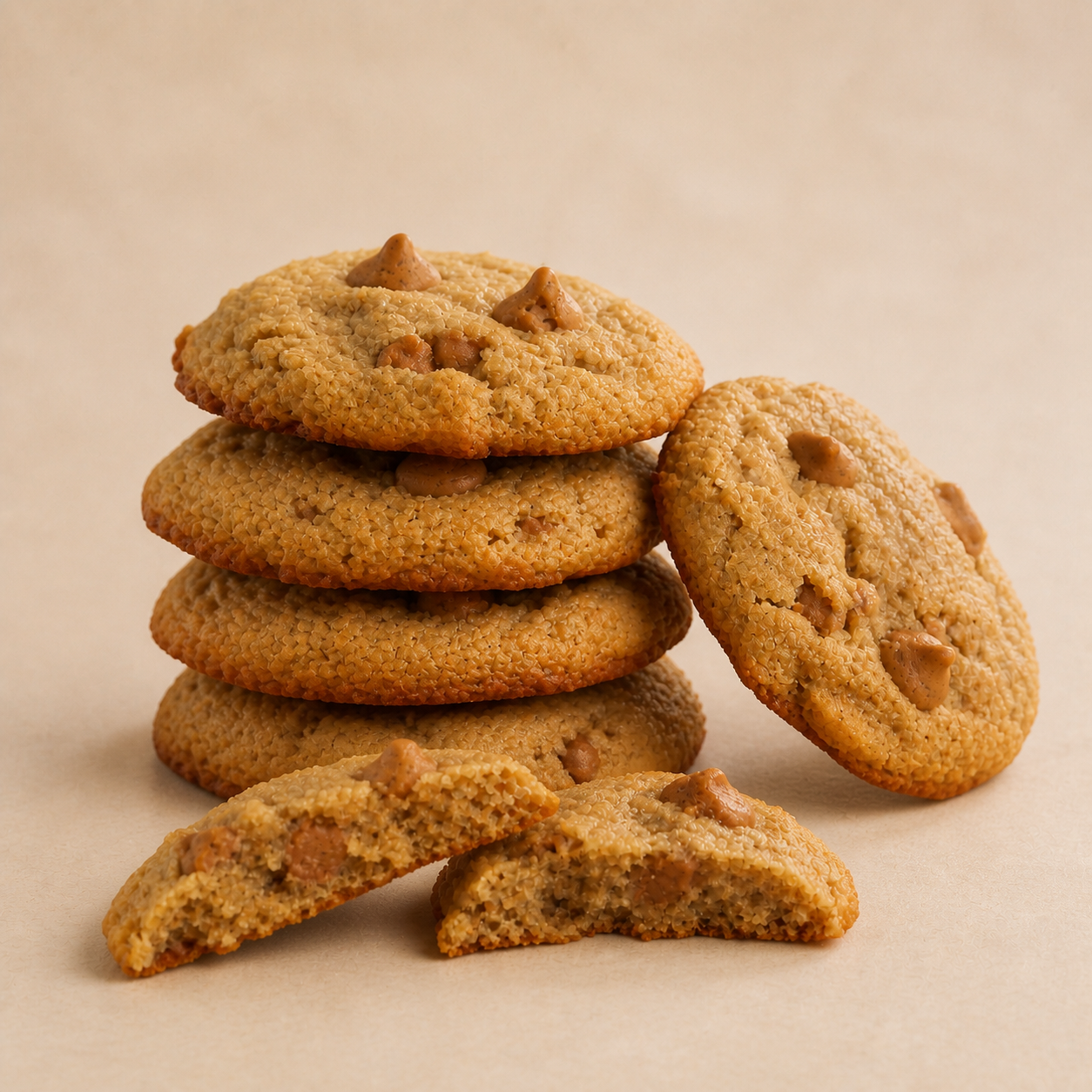 A stack of golden-brown peanut butter cookies on a warm beige background, with two cookies broken in half in front to show the chewy interior and chocolate pieces.