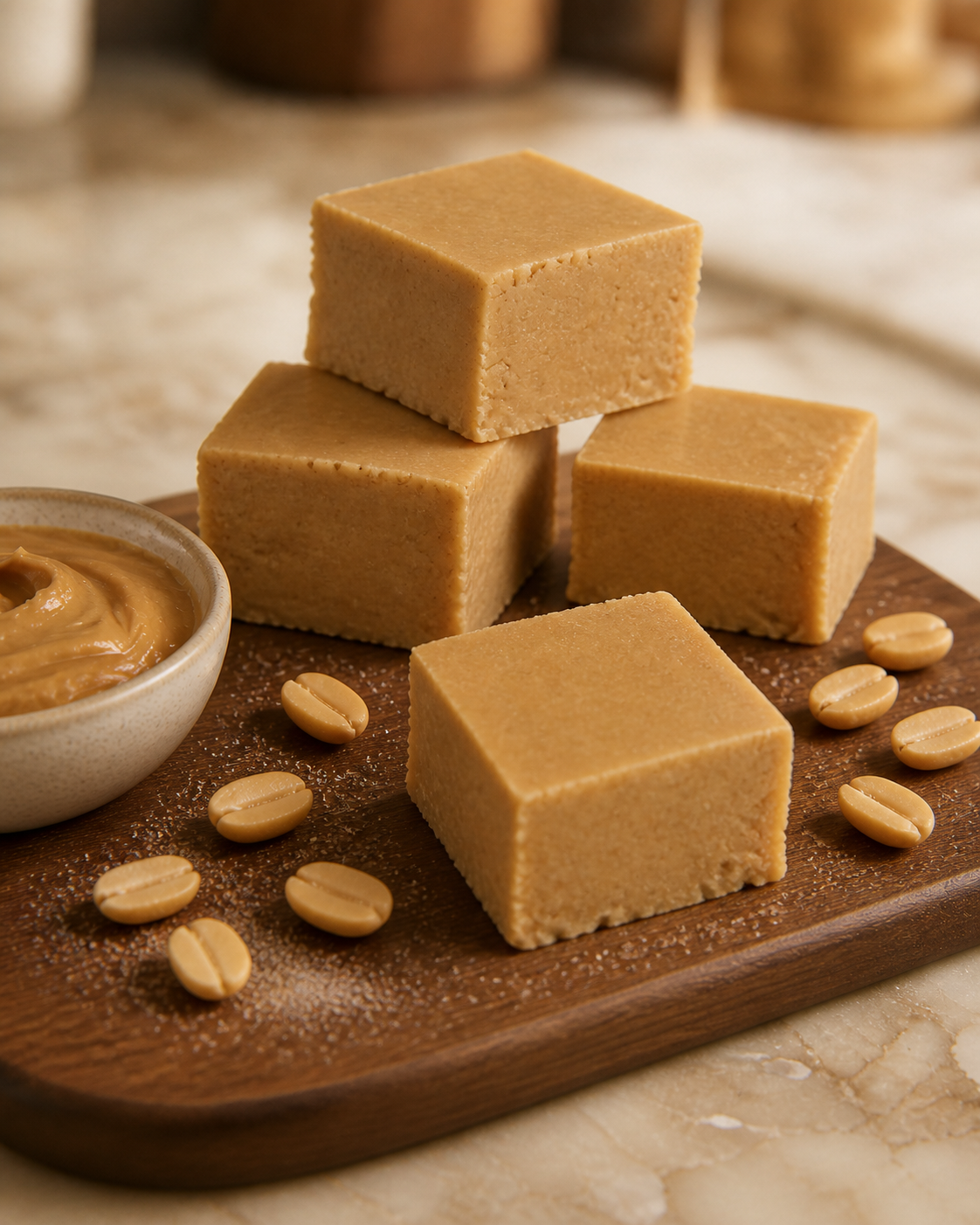 Four square pieces of golden-brown peanut butter fudge arranged on a wooden board, with scattered coffee beans and a small bowl of peanut butter spread, set on a light marble surface.