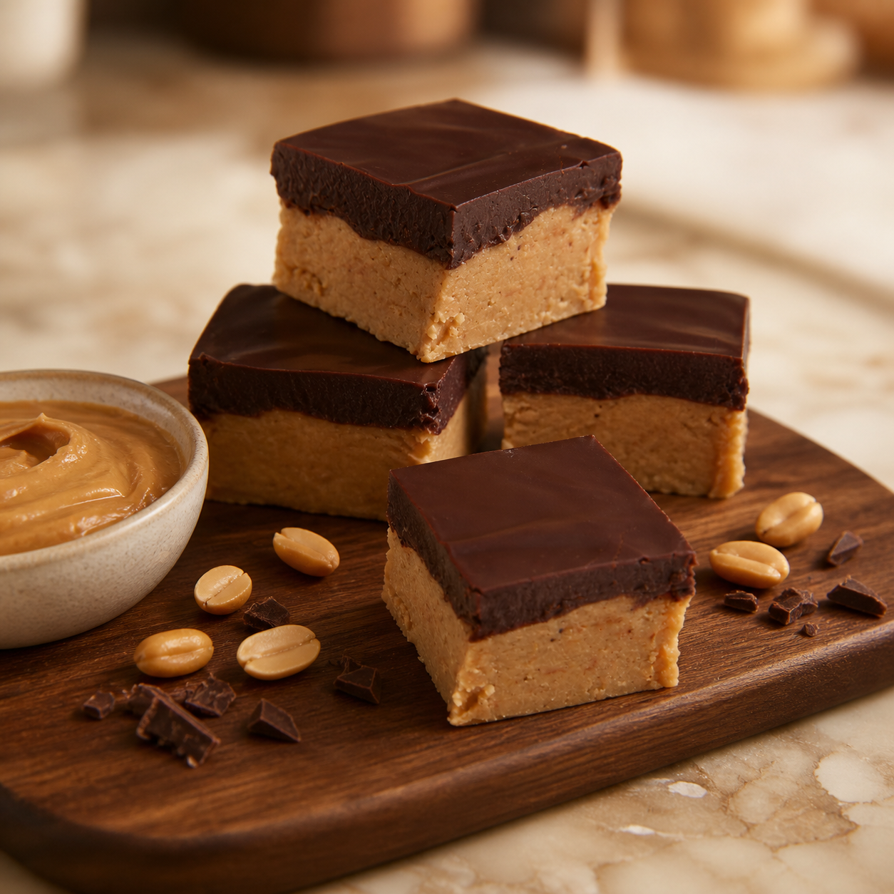 Four peanut butter chocolate fudge stacked on a wooden board, with peanuts, chocolate pieces, and a small bowl of peanut butter on a marble surface.