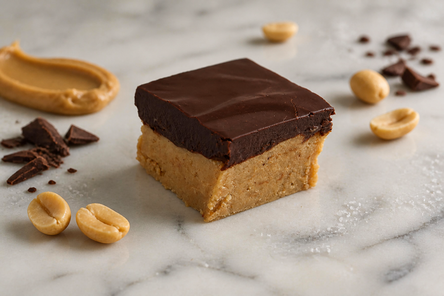 A square chocolate peanut butter fudge on a white marble surface, surrounded by peanuts, chocolate pieces, and a dollop of peanut butter.
