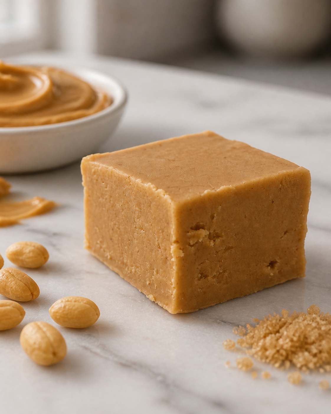 A rectangular block of smooth peanut butter fudge sits on a light marble surface, with scattered peanuts, a small bowl of peanut butter, and brown sugar in soft-focus background.