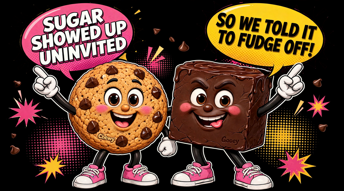 Fudge Off, Sugar! mascots Chewy the cookie and Gooey the fudge cube pointing at comic speech balloons reading "Sugar showed up uninvited. So we told it to fudge off!"